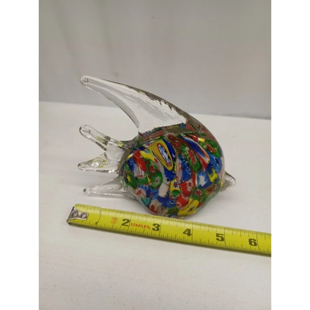 Murano Millefiori Style Art Glass Angel Fish Paperweight MultiColor Hand Crafted